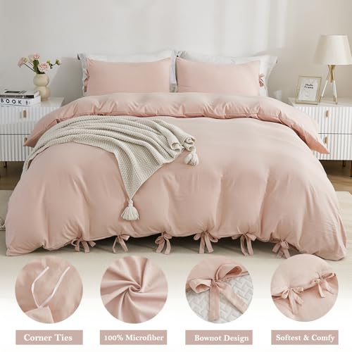 annadaif Pink Duvet Cover Queen (90x90 Inch), 3 Pieces (1 Duvet Cover, 2 Pillowcases) Soft Washed Microfiber Bowknot Bow Tie Duvet Cover Set, Easy Care Bedding Set for Men, Women - Image 2