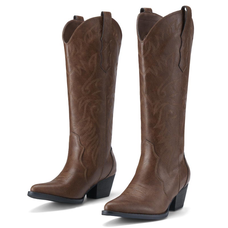 Rollda Cowboy Boots for Women Cowgirl Boots Embroidered Knee-High Western Boots Pointy Toe with Chunky Heel Bronze Size 8.5 - Image 1