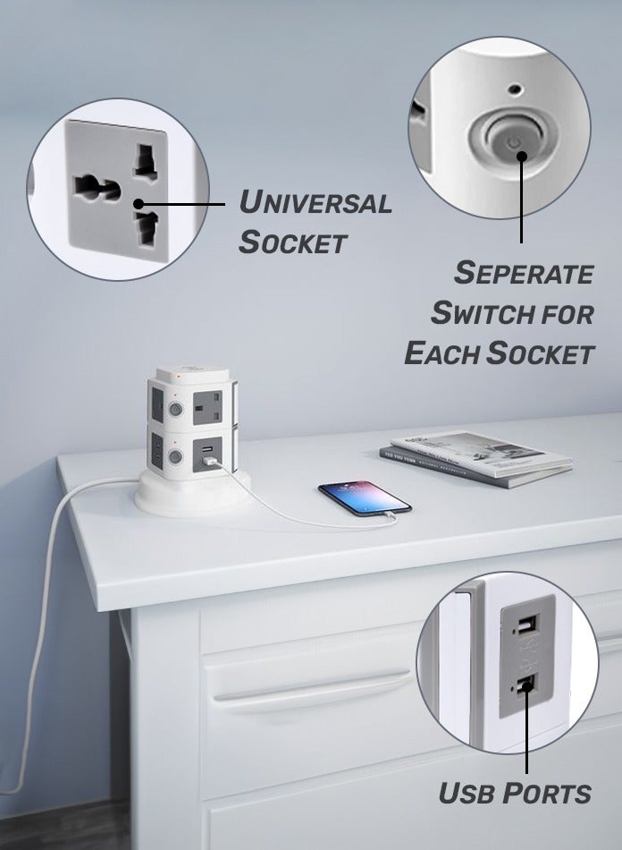 MODI 7-Outlet Vertical Tower Extension Socket with 2 USB Ports & 2 Independent Switches – 2.5m Cable, Overload Protection & Safety Plug Cap - Image 1