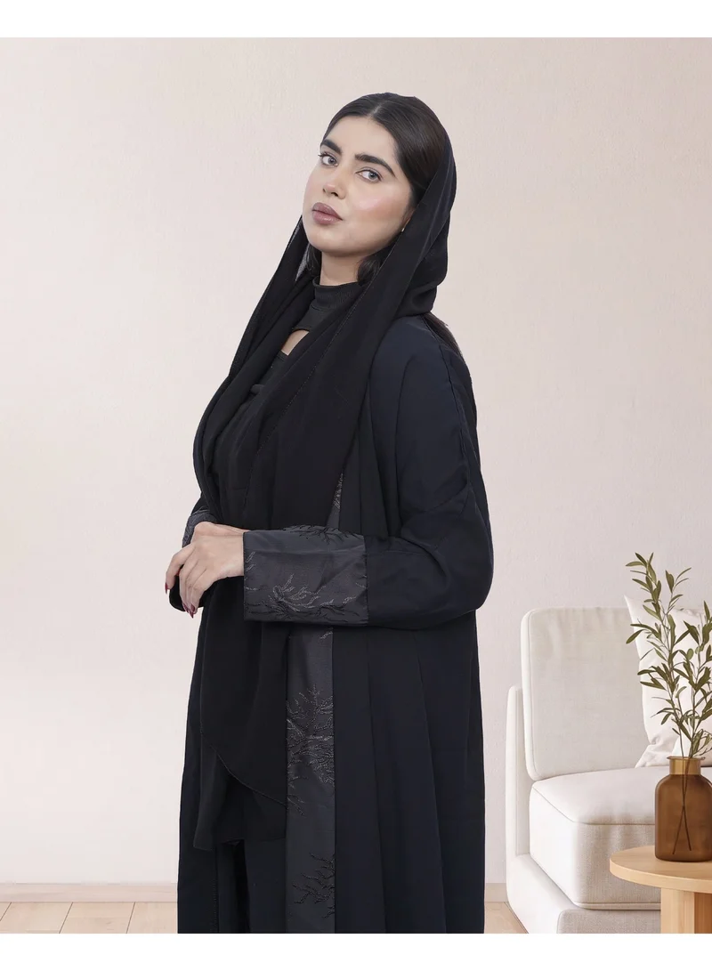 Fashion Line Elegant Black Open-Front Crepe Abaya with Shimmering Sequin Panels