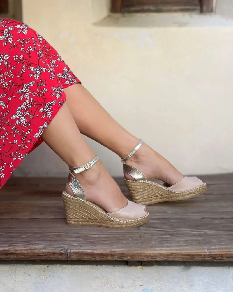 SHOEQ Sandy Champagne Peep Toe Espadrille Wedge for Women | Best Price UAE