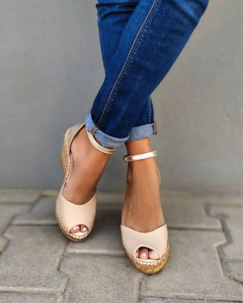 SHOEQ Sandy Champagne Peep Toe Espadrille Wedge for Women | Best Price UAE