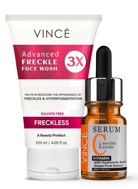 Spotless Skin Duo - Vitamin C Serum 30ml + Freckle Face Wash 120ml – Reduces Dark Spots, Freckles & Pigmentation – Deep Cleanses, Brightens Complexion & Evens Skin Tone