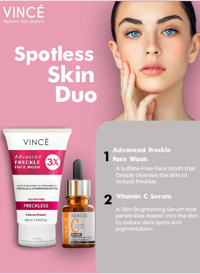 Spotless Skin Duo - Vitamin C Serum 30ml + Freckle Face Wash 120ml – Reduces Dark Spots, Freckles & Pigmentation – Deep Cleanses, Brightens Complexion & Evens Skin Tone