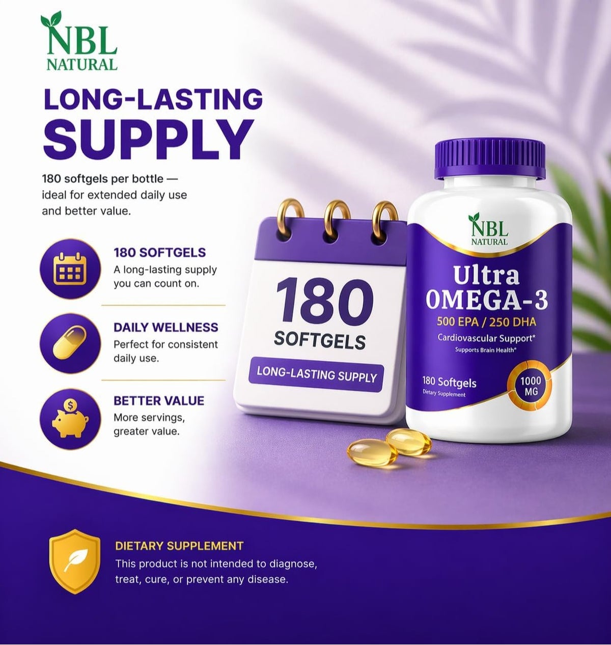 Nbl Natural Ultra Omega 3 Fish Oil 1000Mg 500 Epa 250 Dha Cardiovascular Support Softgels 180'S