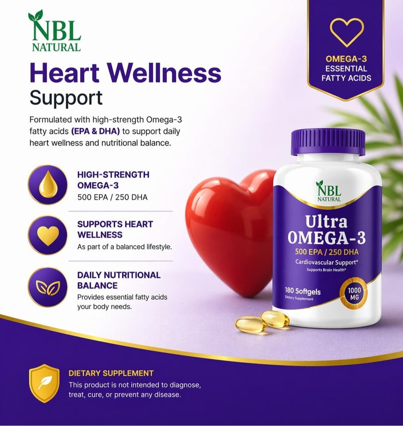 NBL Natural Ultra Omega 3 Fish Oil 1000mg 500 EPA 250 DHA Cardiovascular Support 180 Softgels - Image 4