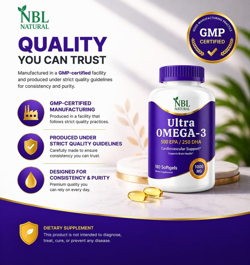 NBL Natural Ultra Omega 3 Fish Oil 1000mg 500 EPA 250 DHA Cardiovascular Support 180 Softgels - Image 3