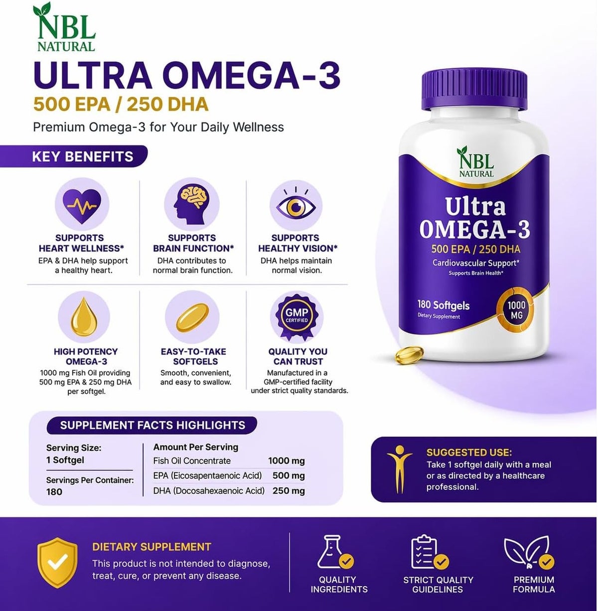 Nbl Natural Ultra Omega 3 Fish Oil 1000Mg 500 Epa 250 Dha Cardiovascular Support Softgels 180'S