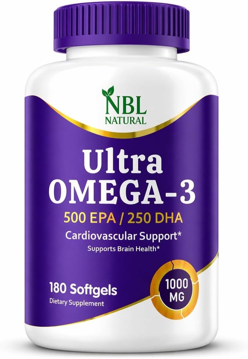 NBL Natural Ultra Omega 3 Fish Oil 1000mg 500 EPA 250 DHA Cardiovascular Support 180 Softgels - Image 1