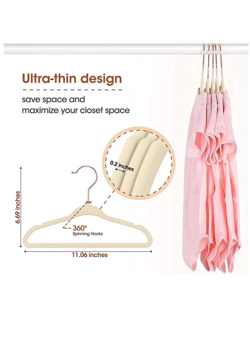 مجموعة من 50 شماعة مخملية للأطفال باللون البيج مقاس 11 بوصة - شماعات ملابس الأطفال غير القابلة للانزلاق، خطاف 360 درجة من الكروم الوردي الذهبي.