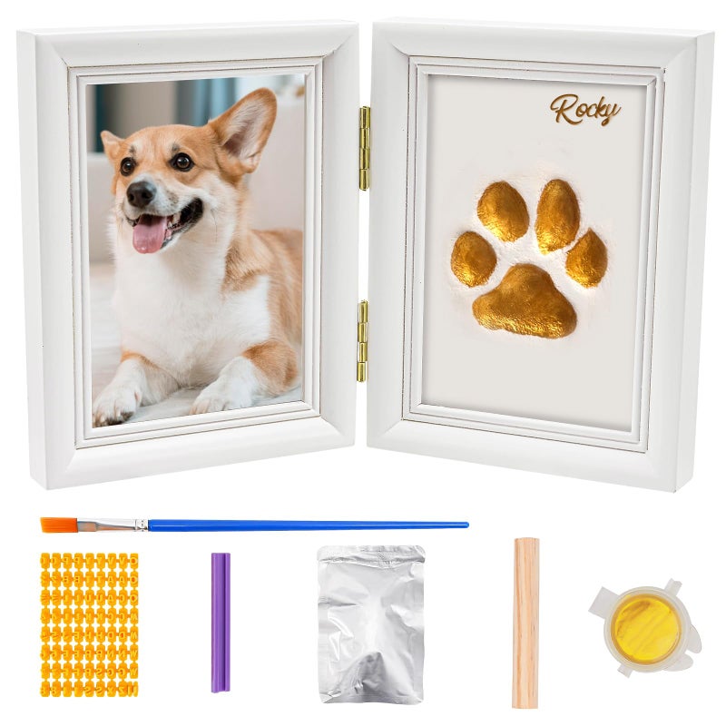 Avont Paw Print Kit with Picture Frame Imprint Clay Pawprint Impression Keepsake for Dogs Cats Wooden Memorial Desk Display No Mess DIY Pet Lover Keepsake Gift White - Image 2