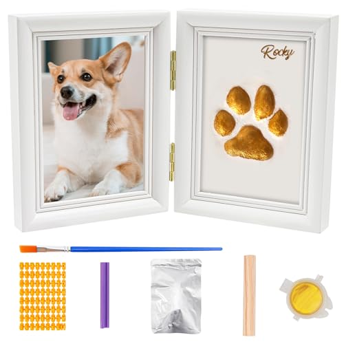 Avont Paw Print Kit with Picture Frame Imprint Clay Pawprint Impression Keepsake for Dogs Cats Wooden Memorial Desk Display No Mess DIY Pet Lover Keepsake Gift White - Image 1