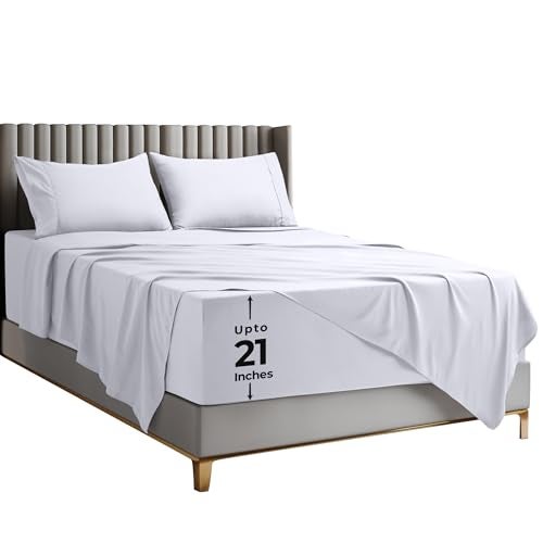 Utopia Bedding Deep Pocket Queen Sheet Set  Fits Mattresses Up to 21 inches  Cooling Soft  Breathable  OekoTEX 4 Piece Bed Sheets White - Image 1