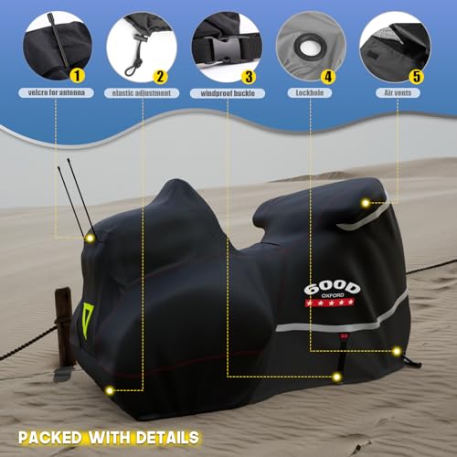 Rosefray Motorcycle Cover with Side+Top Box Heavy Duty 600D Waterproof for Touring Models Harley Davidson Ultra Limited,Road Glide Limited, Gold Wing,Road Master,Indoor & Outdoor Storage Black - Image 5
