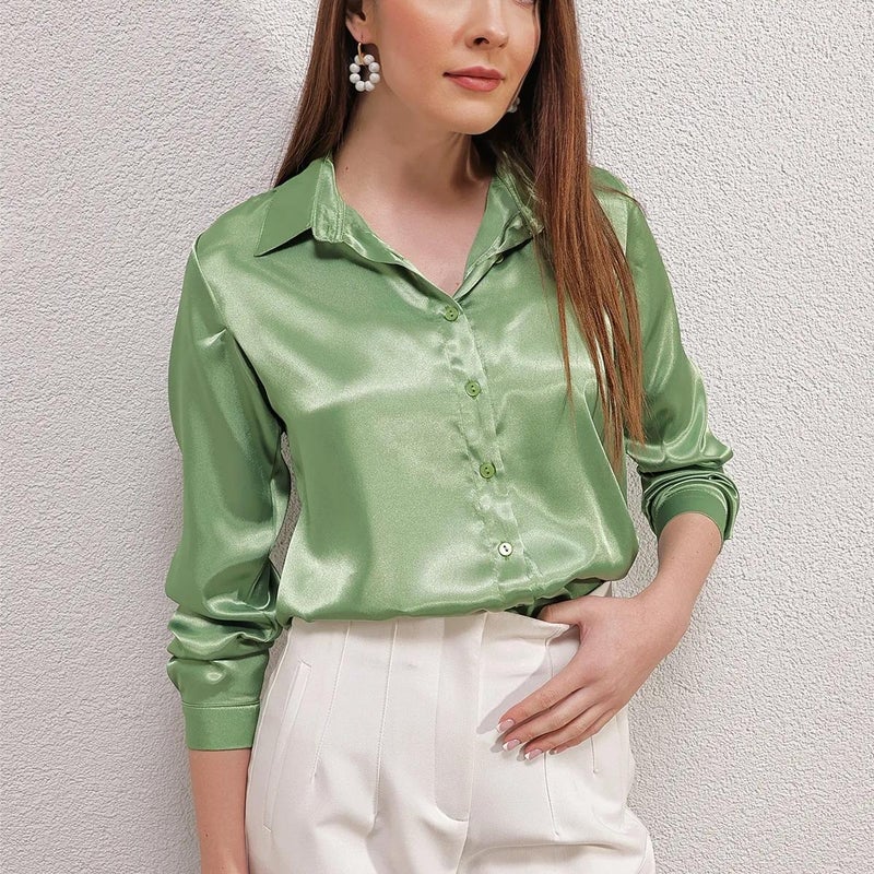 French Style Satin Silk Womens Blouse Spring Summer Red - Image 2