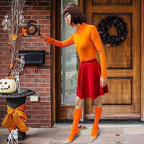 ATAMET Halloween Costume for Women,Sexy Long Sleeve Leotard Turtleneck Tops Bodysuit,Skater Skirt,Magnifying Glass,Socks and Glasses (Orange&Red, Small) - Image 2