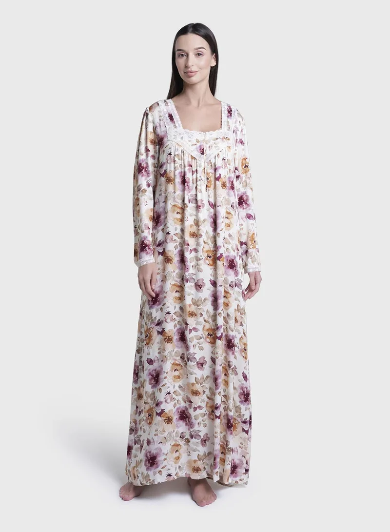 كشخة Multicolour Floral Print Viscose Long Nightwear Dress (CNH467)