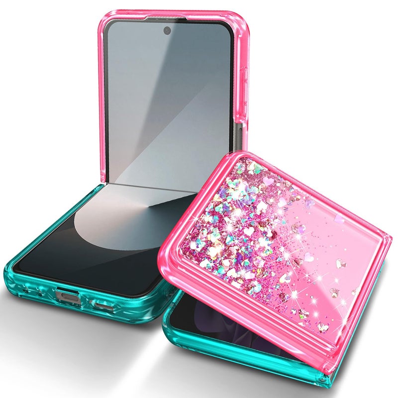WDHD Compatible with Samsung Galaxy Z Flip-6 Case, Pink/Aqua | Glitter Floating Liquid Cute Phone Cover with Screen Protector & Camera Lens Protector & Diamond Wrist Strap Lanyard - Image 4