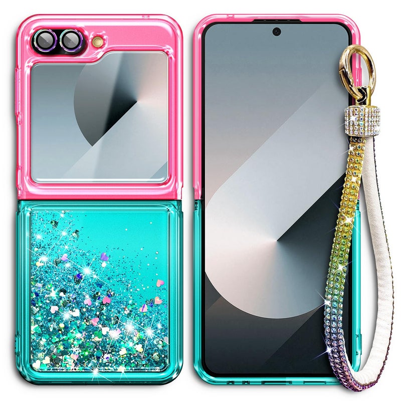 WDHD Compatible with Samsung Galaxy Z Flip-6 Case, Pink/Aqua | Glitter Floating Liquid Cute Phone Cover with Screen Protector & Camera Lens Protector & Diamond Wrist Strap Lanyard - Image 3