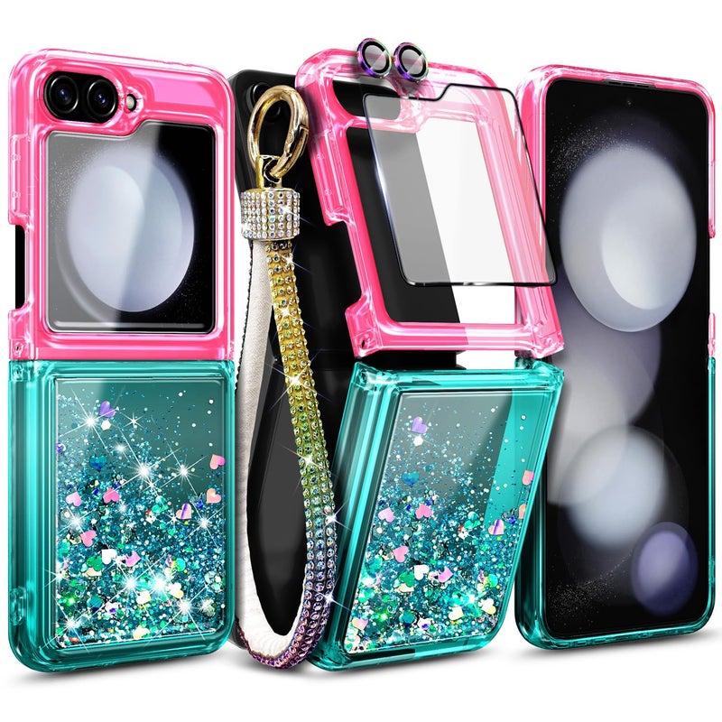 WDHD Compatible with Samsung Galaxy Z Flip-6 Case, Pink/Aqua | Glitter Floating Liquid Cute Phone Cover with Screen Protector & Camera Lens Protector & Diamond Wrist Strap Lanyard - Image 1
