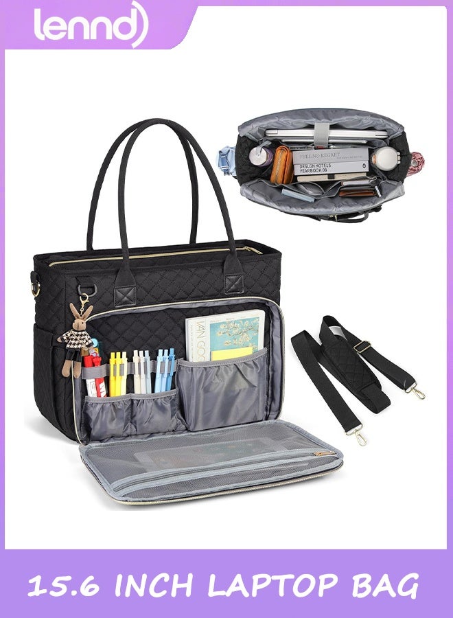 LENND Teacher Tote Bag 15.6 inch Laptop Bag for Women Work Bags Laptop Tote Nurse Bag Professional Computer Messenger with Insulated Pocket, Laptop Briefcase for Office, College, Nursing, Black - Image 1