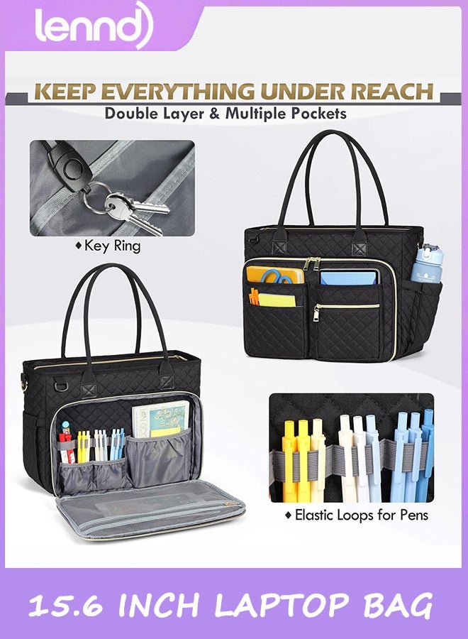 LENND Teacher Tote Bag 15.6 inch Laptop Bag for Women Work Bags Laptop Tote Nurse Bag Professional Computer Messenger with Insulated Pocket, Laptop Briefcase for Office, College, Nursing, Black - Image 2