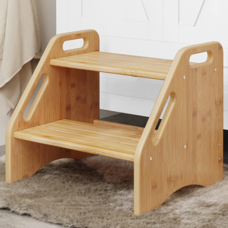 AMBIRD Wooden Step Stool Two Step Stools Toddler 300 lbs Capacity with Safety NonSlip Pads and Handles Bamboo Step Stool for Bathroom Kitchen Dual Height Step Stools for Kids Natural