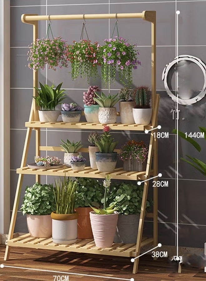 XiuWoo 3 Tier Solid Wood Plant Stand, with Hanging Basket Rod, Wooden Double Layer Rack Desk Storage Organizer Foldable Wooden 3 Tier Ladder Shelves, display stand, plant stand - Image 4