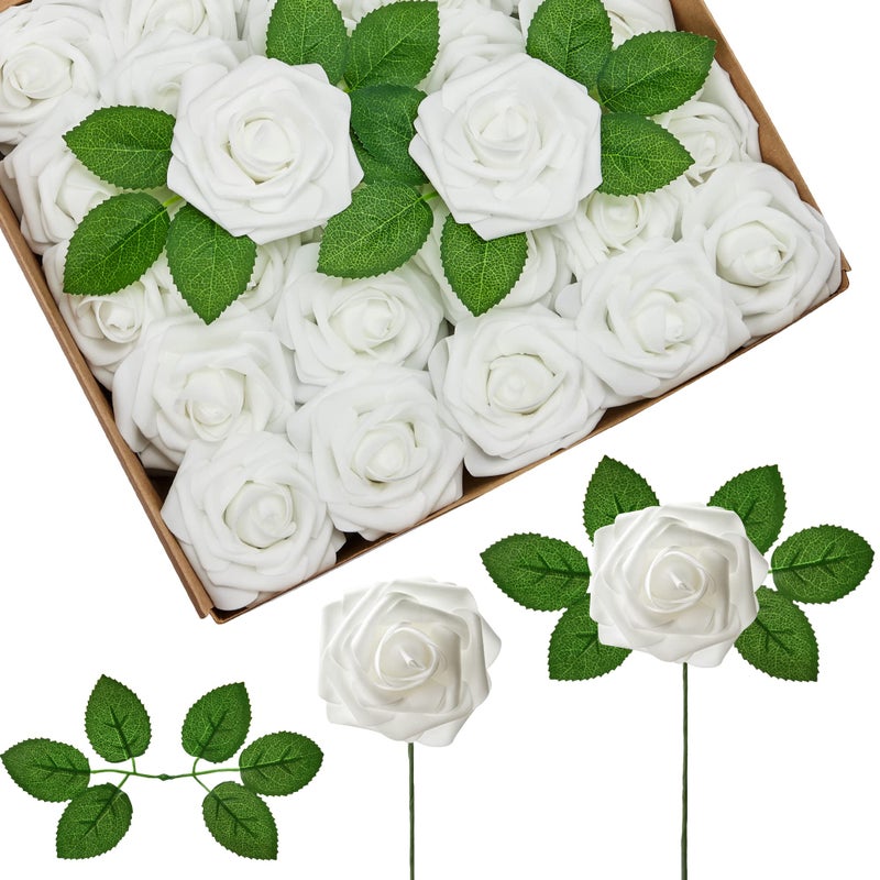 InnoGear Artificial Flowers 50 Pcs White Foam Fake Roses Bulk with Stems for Decoration DIY Wedding Bouquets Centerpieces Bridal Shower Party Christmas Tree