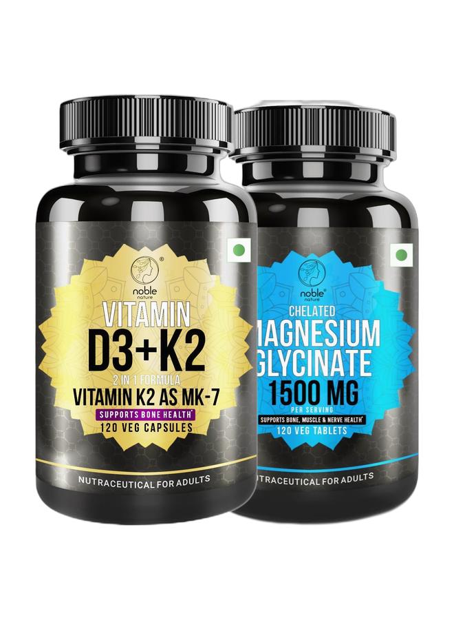 noble nature Vitamin D3 + K2, 2 in 1 Formula, Vitamin K2 as MK7, Supports Bone Health - 120 Veg Capsules & Chelated Magnesium Glycinate 1500MG per serving - 120 Veg Tablets - Supports Bone, Muscle & Nerve Health Bundle - Image 1
