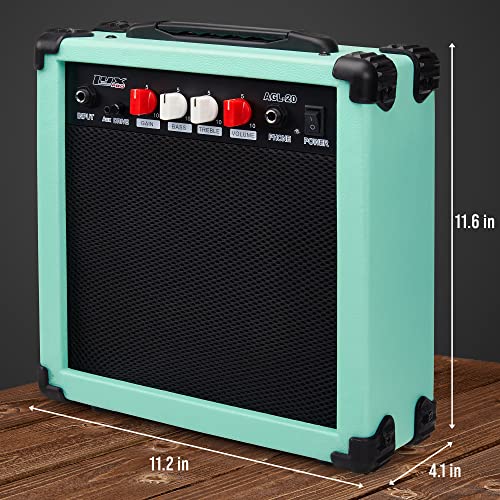 LyxPro Electric Guitar Amp 20 Watt Amplifier Built in Speaker Headphone Jack and Aux Input Includes Gain Bass Treble Volume and Grind - Green - Image 4