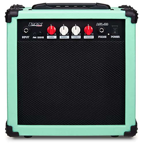 LyxPro Electric Guitar Amp 20 Watt Amplifier Built in Speaker Headphone Jack and Aux Input Includes Gain Bass Treble Volume and Grind - Green - Image 1