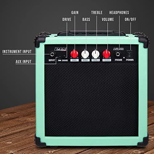 LyxPro Electric Guitar Amp 20 Watt Amplifier Built in Speaker Headphone Jack and Aux Input Includes Gain Bass Treble Volume and Grind - Green - Image 3