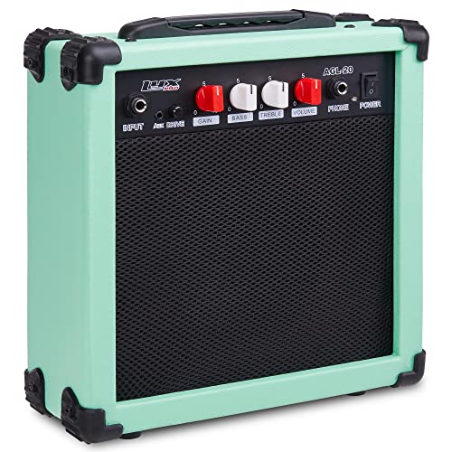 LyxPro Electric Guitar Amp 20 Watt Amplifier Built in Speaker Headphone Jack and Aux Input Includes Gain Bass Treble Volume and Grind - Green - Image 5