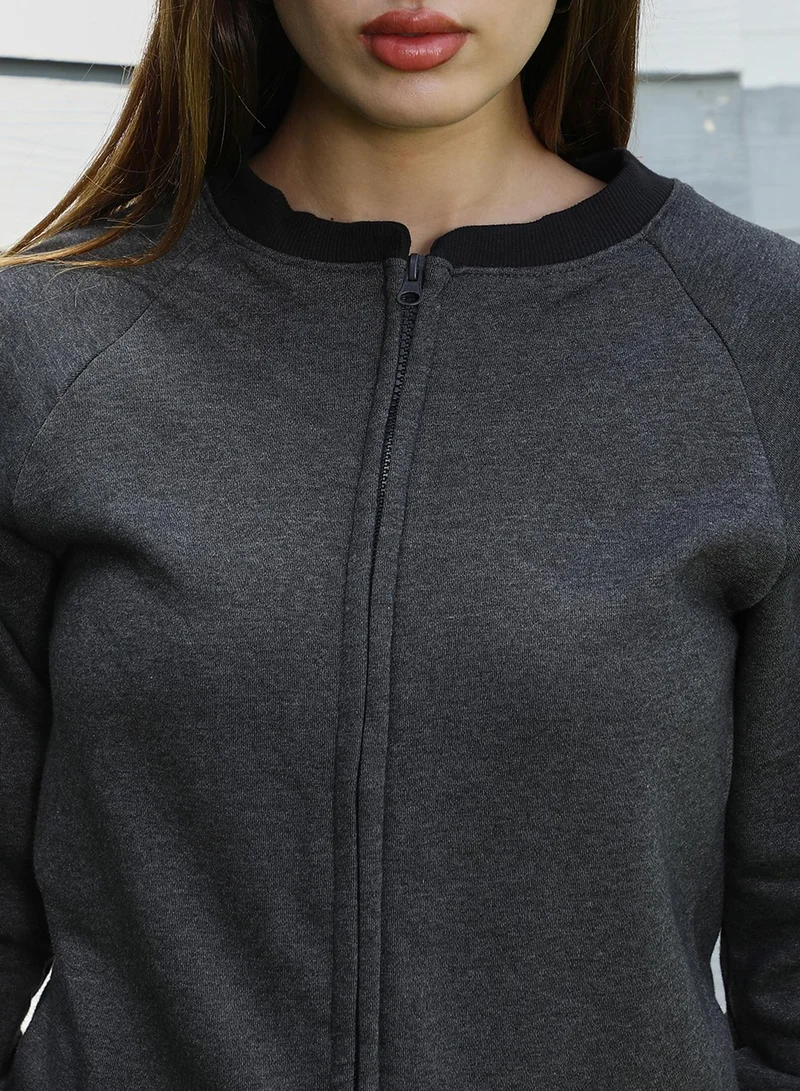 Campus Sutra Women's Charcoal Grey Zip-Front Contrast Sweatshirt