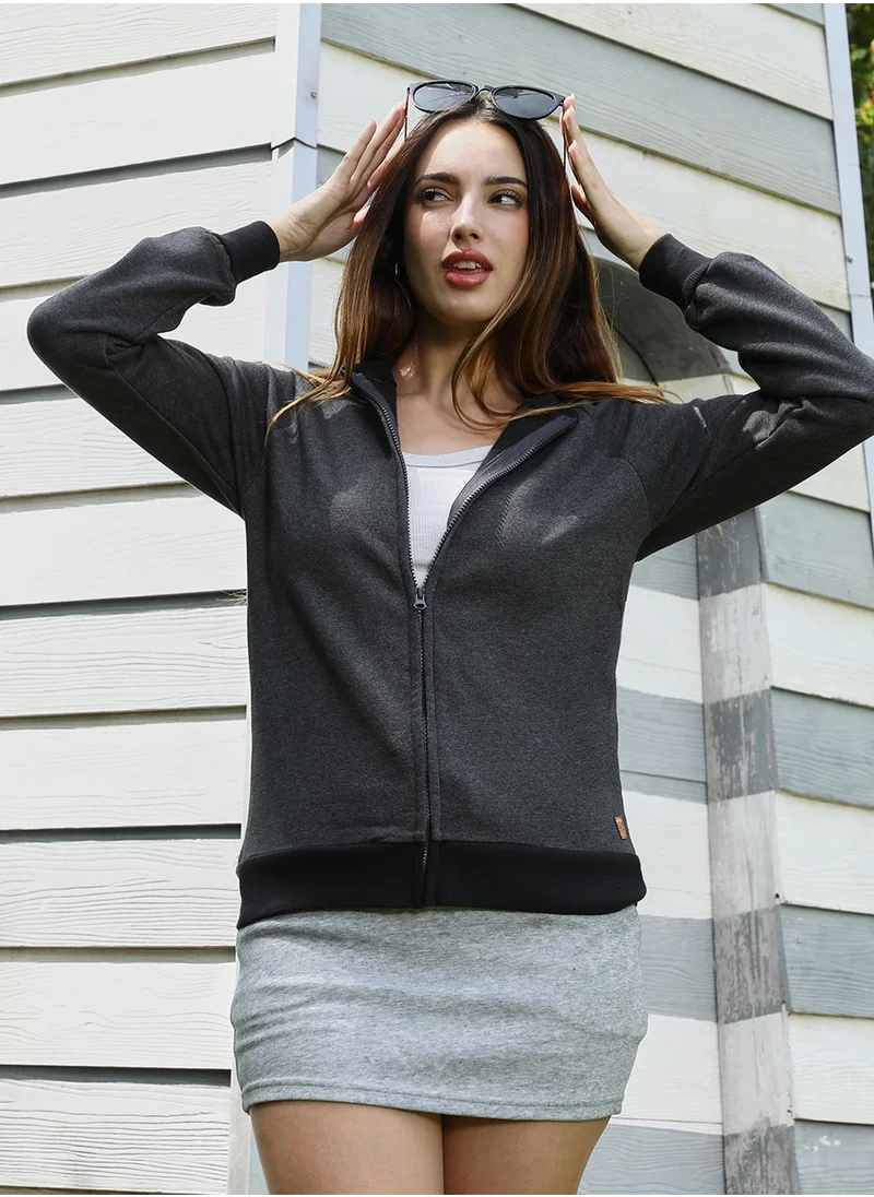 كامبوس سوترا Women's Charcoal Grey Zip-Front Contrast Sweatshirt