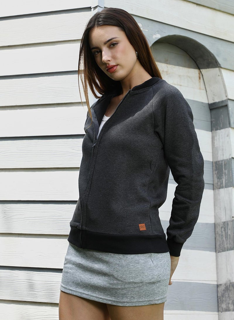 Campus Sutra Women's Charcoal Grey Zip-Front Contrast Sweatshirt  - Image 3