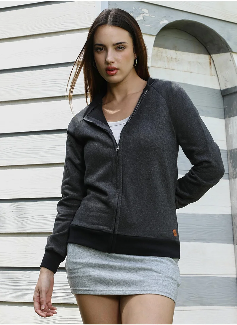 كامبوس سوترا Women's Charcoal Grey Zip-Front Contrast Sweatshirt