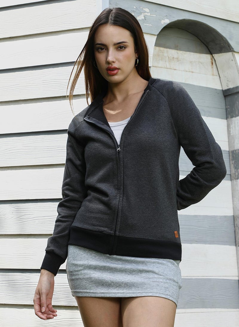Campus Sutra Women's Charcoal Grey Zip-Front Contrast Sweatshirt  - Image 2