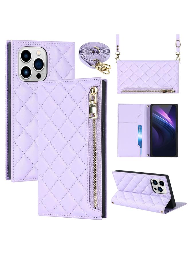 S-TOP Case For iPhone 13 Pro Grid Texture Lanyard Zipper Leather Phone Case - Image 1