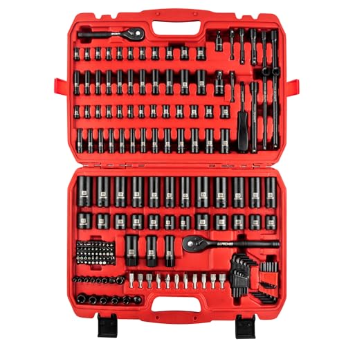 LLNDEI 1/4 & 3/8 Inch Drive Impact Socket Set, 186 Pieces Metric and Standard Full Sockets, CR-V Deep & Shallow Sockets Tool Set with Ratchet Wrench Handle, Spark Plug Socket, Bits for Mechanic - Image 1