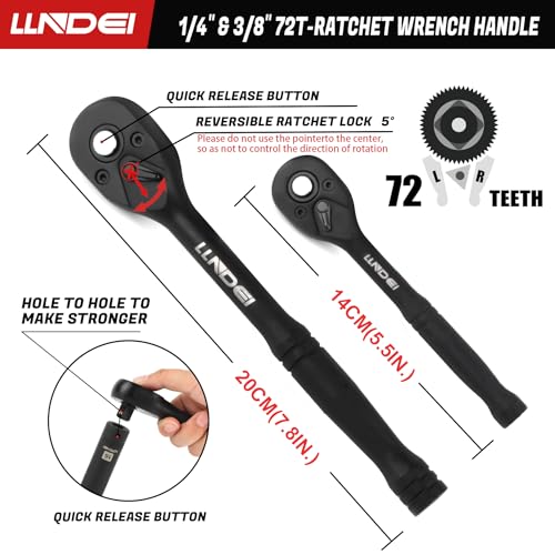 LLNDEI 1/4 & 3/8 Inch Drive Impact Socket Set, 186 Pieces Metric and Standard Full Sockets, CR-V Deep & Shallow Sockets Tool Set with Ratchet Wrench Handle, Spark Plug Socket, Bits for Mechanic - Image 5