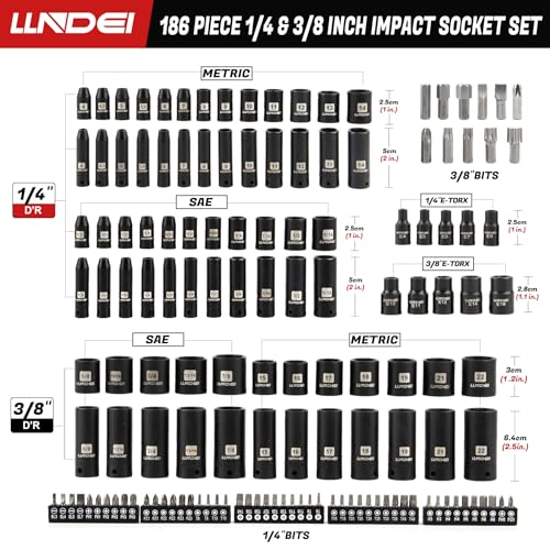 LLNDEI 1/4 & 3/8 Inch Drive Impact Socket Set, 186 Pieces Metric and Standard Full Sockets, CR-V Deep & Shallow Sockets Tool Set with Ratchet Wrench Handle, Spark Plug Socket, Bits for Mechanic - Image 3