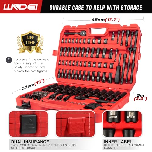 LLNDEI 1/4 & 3/8 Inch Drive Impact Socket Set, 186 Pieces Metric and Standard Full Sockets, CR-V Deep & Shallow Sockets Tool Set with Ratchet Wrench Handle, Spark Plug Socket, Bits for Mechanic - Image 2