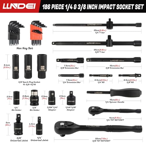 LLNDEI 1/4 & 3/8 Inch Drive Impact Socket Set, 186 Pieces Metric and Standard Full Sockets, CR-V Deep & Shallow Sockets Tool Set with Ratchet Wrench Handle, Spark Plug Socket, Bits for Mechanic - Image 4