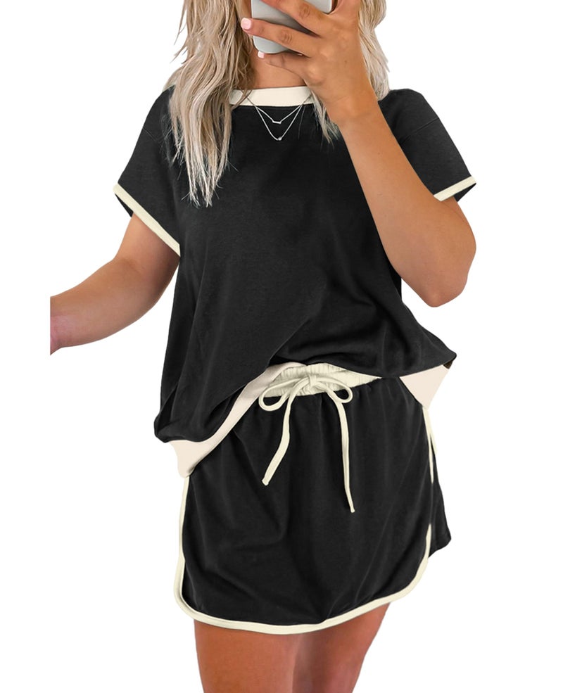 SELINK Lounge Sets for Women 2 Piece Skirt Colorblock Drop Shoulder T Shirt and Skort Set Summer Tracksuits Black-S - Image 1