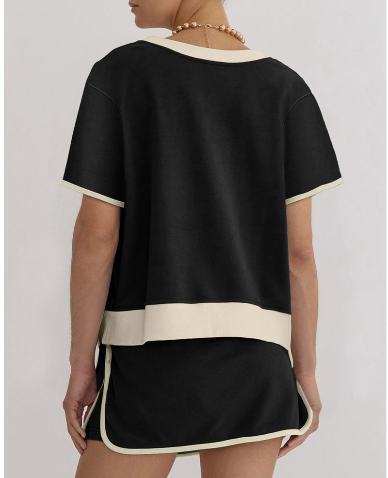 SELINK Lounge Sets for Women 2 Piece Skirt Colorblock Drop Shoulder T Shirt and Skort Set Summer Tracksuits Black-S - Image 2