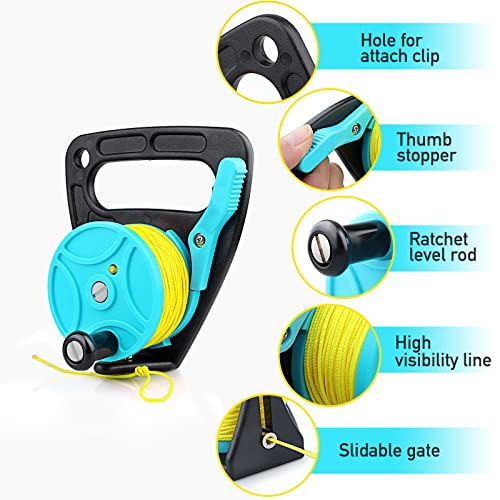 Owekfifv Scuba Dive Reel with Thumb Stopper, 150ft Hi-visibility Retractable Line Diving Reel Finger Spool with Handle Stop Switch for Cave and Wreck, Kayaking, Spear Fishing, SMB Blue+Yellow Line - Image 3