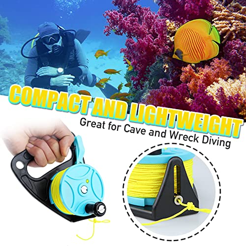 Owekfifv Scuba Dive Reel with Thumb Stopper, 150ft Hi-visibility Retractable Line Diving Reel Finger Spool with Handle Stop Switch for Cave and Wreck, Kayaking, Spear Fishing, SMB Blue+Yellow Line - Image 2