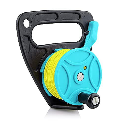 Owekfifv Scuba Dive Reel with Thumb Stopper, 150ft Hi-visibility Retractable Line Diving Reel Finger Spool with Handle Stop Switch for Cave and Wreck, Kayaking, Spear Fishing, SMB Blue+Yellow Line - Image 1